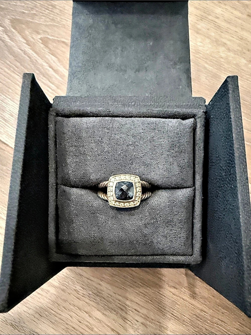 David Yurman Albion Ring with Blue Topaz and Diamonds Black Stone Textured Band